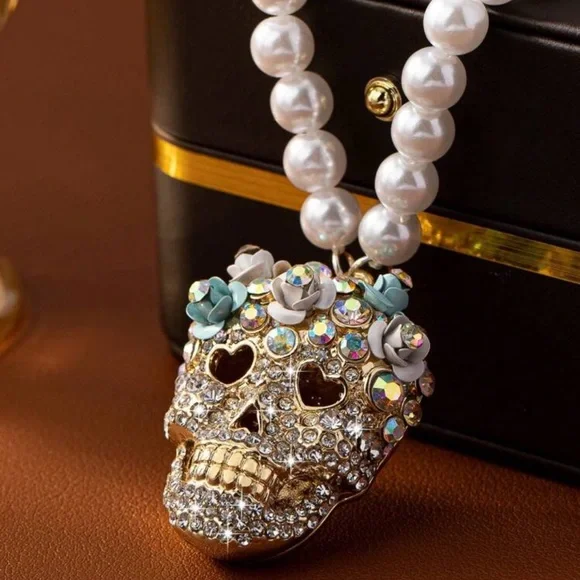 Bohemian Halloween Rhinestone Flower Skull Pearl Necklace - Picture 1 of 3